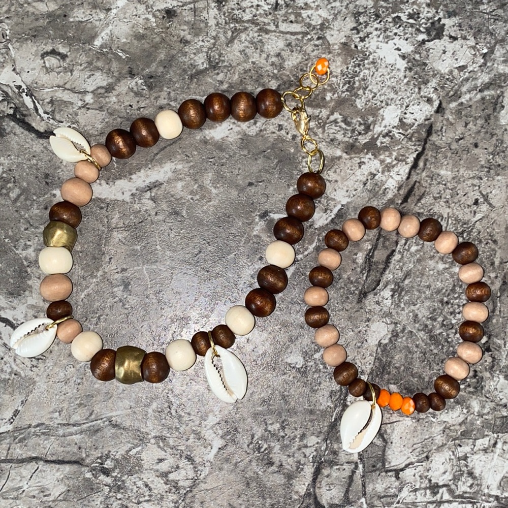 Wood & shell anklet & bracelet set